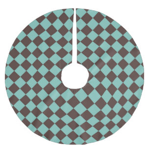 Teal Brown Checker Diamond Pattern Brushed Polyester Tree Skirt