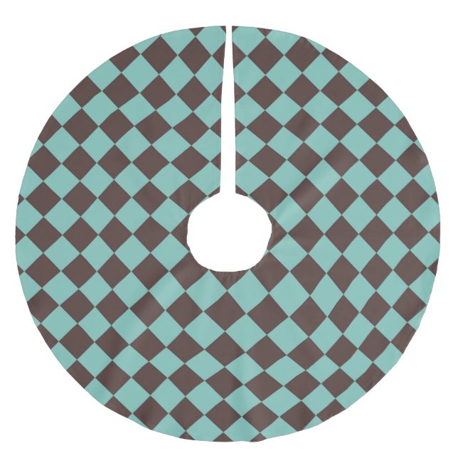 Teal Brown Checker Diamond Pattern Brushed Polyester Tree Skirt (Front)