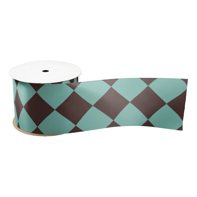 Teal Brown Checker Diamond Pattern Satin Ribbon (Spool)