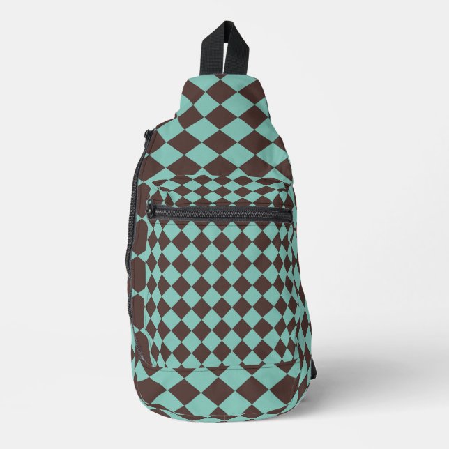 Teal Brown Checker Diamond Pattern Sling Bag (Front)