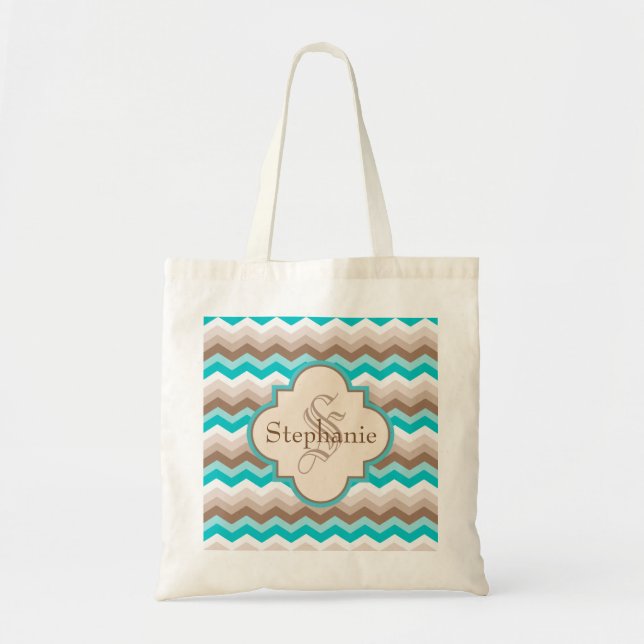 Teal Brown Chevron Modern Monogram Tote Bag (Front)