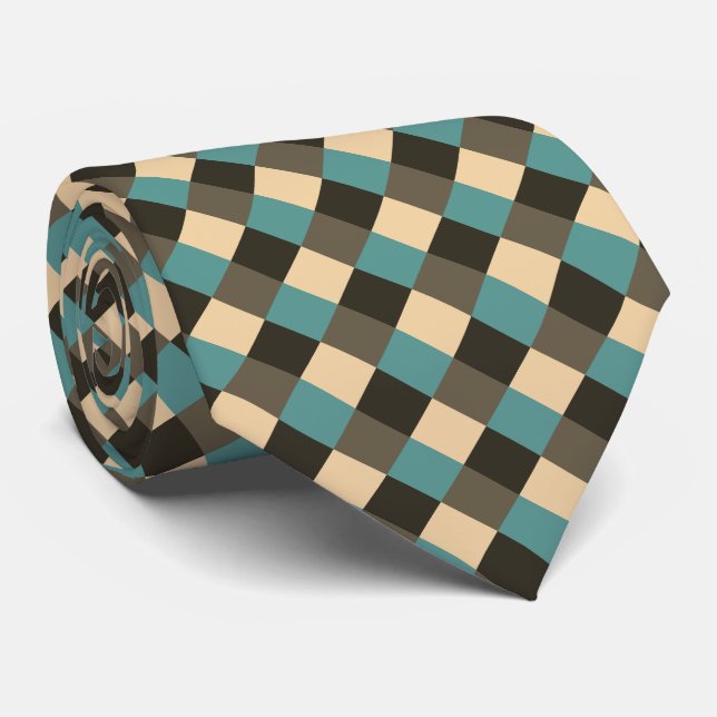 Teal Brown Chocolate Beige Cream Tan Plaid Neck Tie (Rolled)