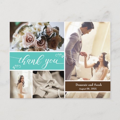 Teal Brown Elegant Summer Wedding Thank you Postcard
