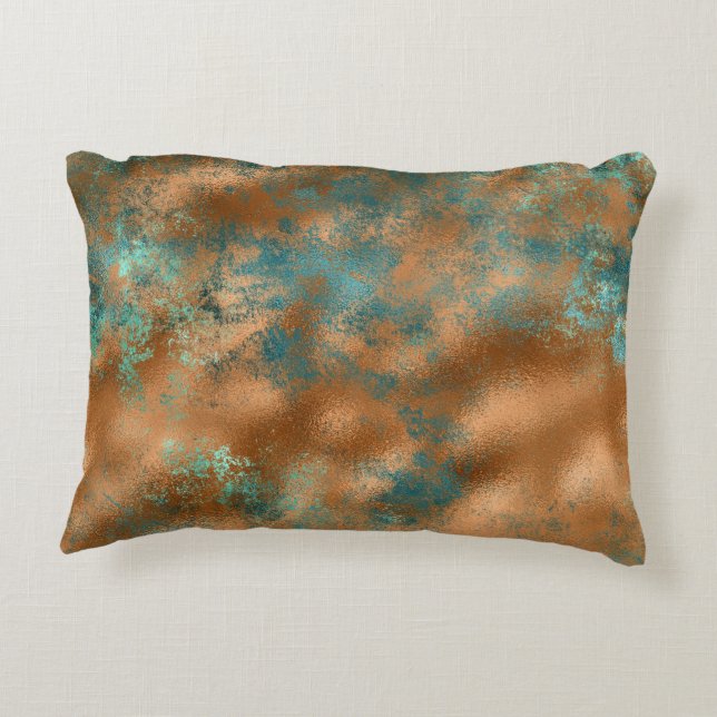 Teal brown faux copper patina inspired artsy  accent pillow (Back)
