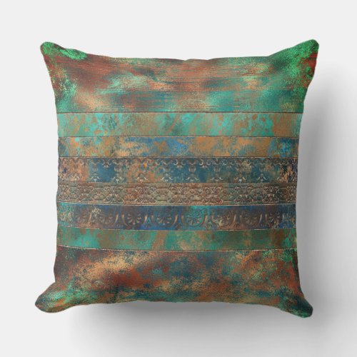 Teal brown faux copper patina inspired artsy outdoor pillow