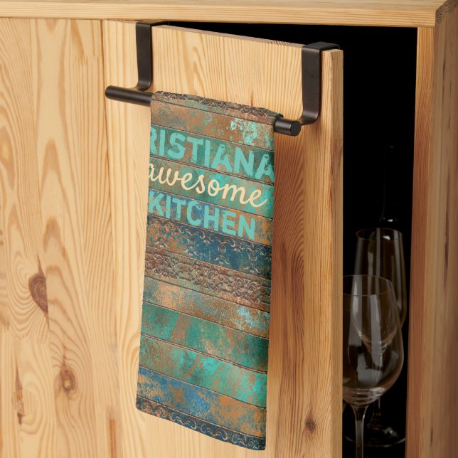 Teal brown faux copper patina inspired custom kitchen towel (Thirds Fold)