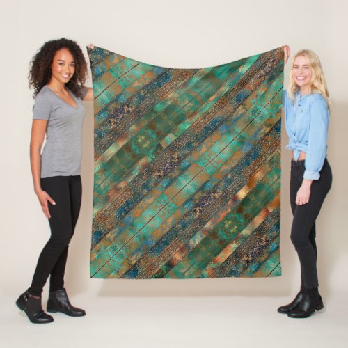 Teal brown faux copper patina inspired fleece blanket