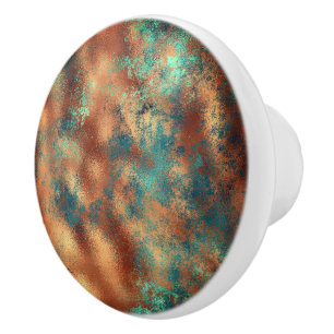 Teal brown faux copper patina inspired Industrial Ceramic Knob