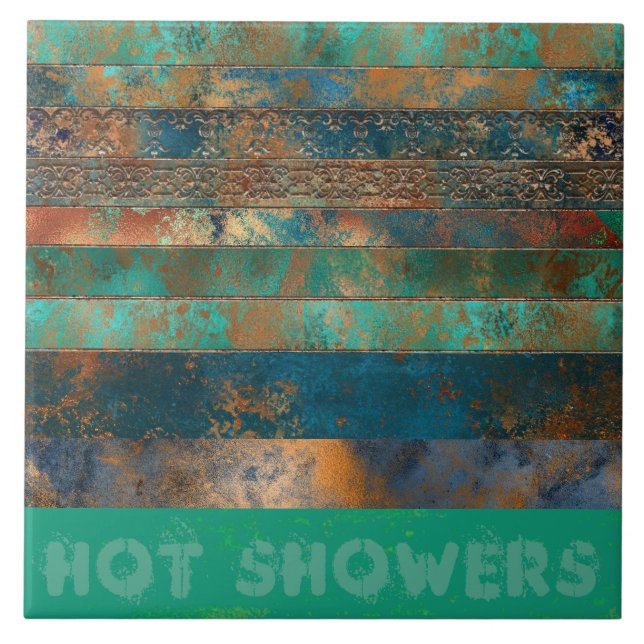 Teal brown faux copper patina inspired Industrial  Ceramic Tile (Front)