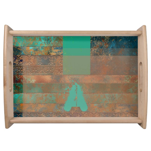 Teal brown faux copper patina inspired Industrial Serving Tray (Front)