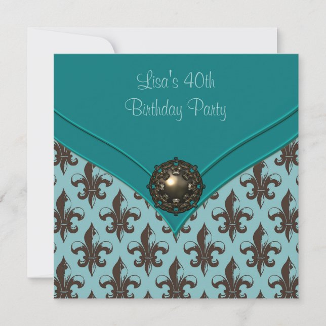 Teal Brown Fleur de Lis 40th Birthday Party Invitation (Front)
