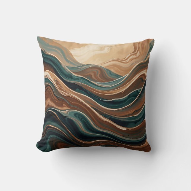 Teal Brown Fluid Wave Abstract Marble Throw Pillow (Front)