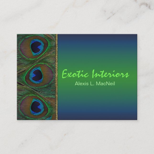 Teal, Brown, Gold Peacock Feathers Business Card (Front)