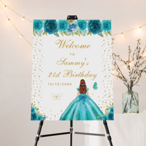 Teal Brown Hair Girl Birthday Party Welcome Foam Board