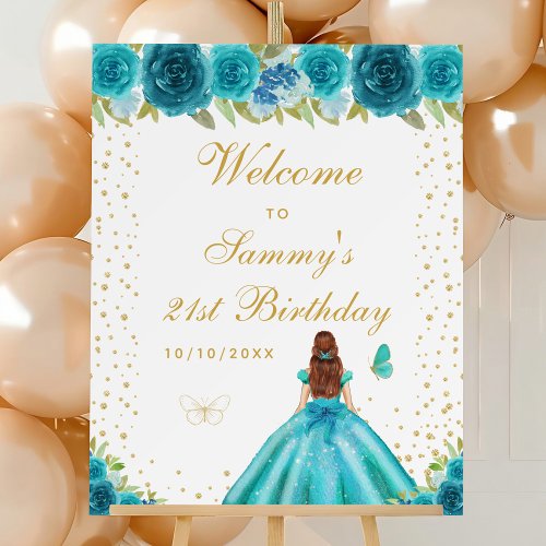 Teal Brown Hair Girl Birthday Party Welcome Foam Board