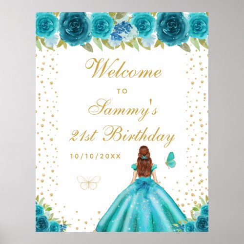 Teal Brown Hair Girl Birthday Party Welcome Poster