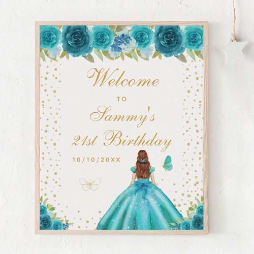 Teal Brown Hair Girl Birthday Party Welcome Poster