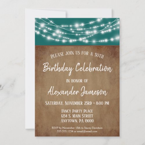 Teal Brown Lights Birthday Party Invitation Adult