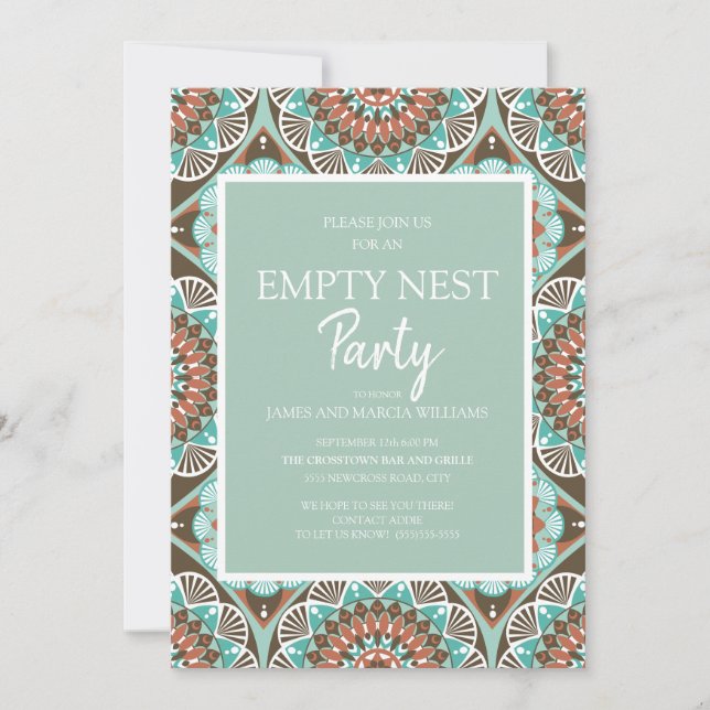 Teal Brown Mandela Pattern Empty Nest Party Invitation (Front)