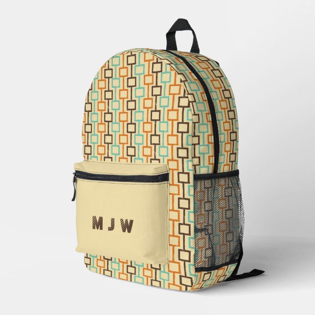 Teal Brown Orange Retro Geometric Pattern Printed Backpack (Back Corner Right)
