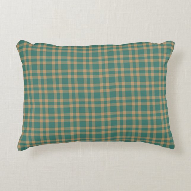 Teal Brown Plaid Pattern Accent Pillow (Front)