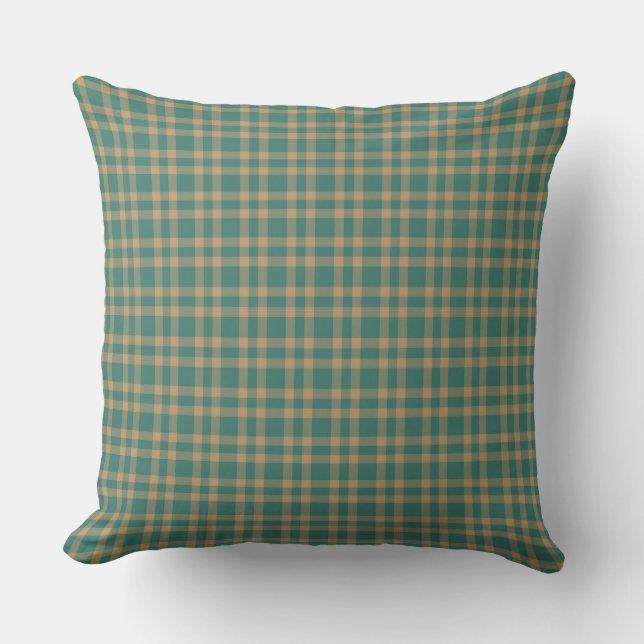 Teal Brown Plaid Pattern Throw Pillow (Front)