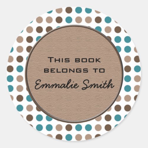 Teal Brown Polka Dot Book Name Sticker