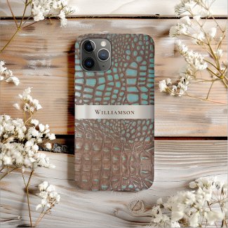 Teal Brown Reptile Digital Leather Titanium Metal