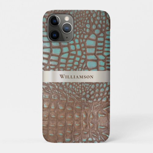 Teal Brown Reptile Digital Leather Titanium Metal iPhone 11 Pro Case