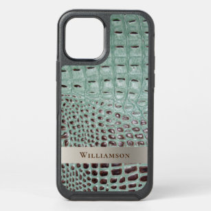 Teal Brown Reptile Digital Leather Titanium Metal  OtterBox Symmetry iPhone 12 Case