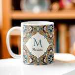 Teal brown talavera bridesmaids gifts monogrammed coffee mug<br><div class="desc">Teal Blue and brown colorful vintage Mexican talavera azulejo bridesmaids gifts personalized name monogrammed coffee mug gifts for her</div>