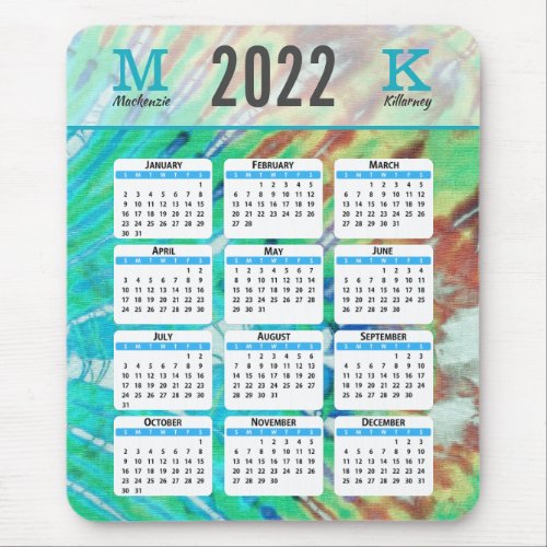 Teal Brown Tie Dye 2022 Calendar Monogram Name Mouse Pad