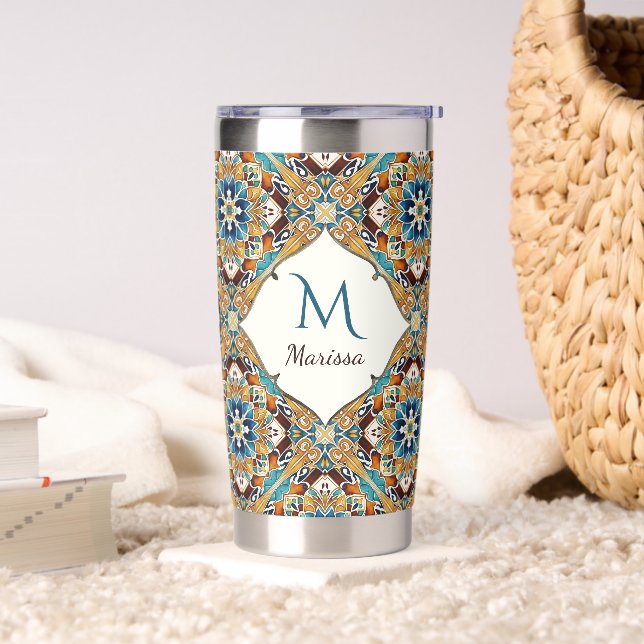 Teal brown vintage talavera gifts monogrammed insulated tumbler (Living Room)