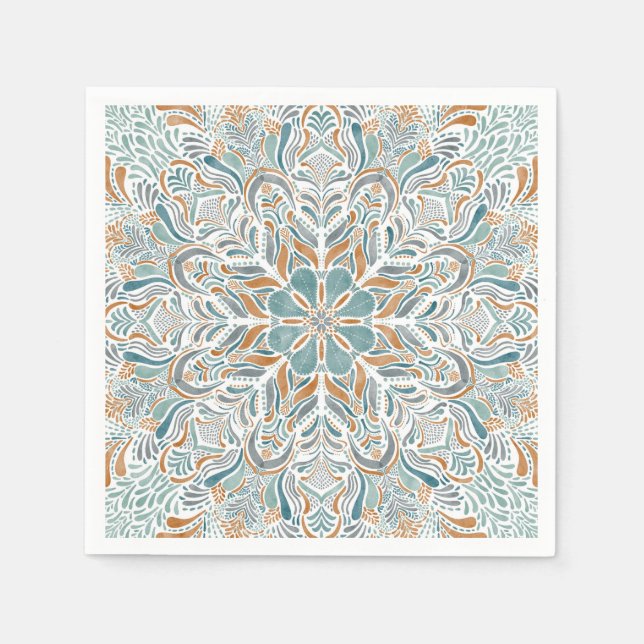 Teal Brown Watercolor Mandala Napkins (Front)