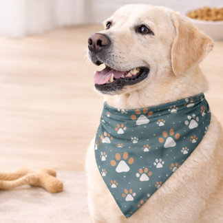 Teal Brown White Paw Print Pattern Bandana