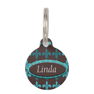 Teal & Brown Winter Fleur De Lis Monogram Pet ID Tag