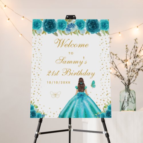 Teal Brunette Hair Girl Birthday Party Welcome Foam Board