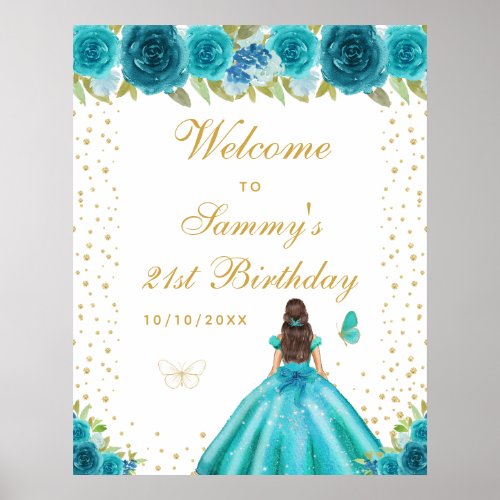 Teal Brunette Hair Girl Birthday Party Welcome Poster