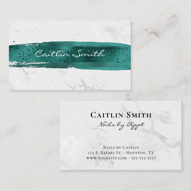 Teal Brush Stroke Silver White Foil Marble Business Card (Front/Back)