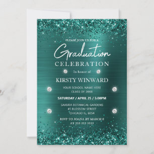 Teal Brushed Metal and Glitter Graduation Invitation