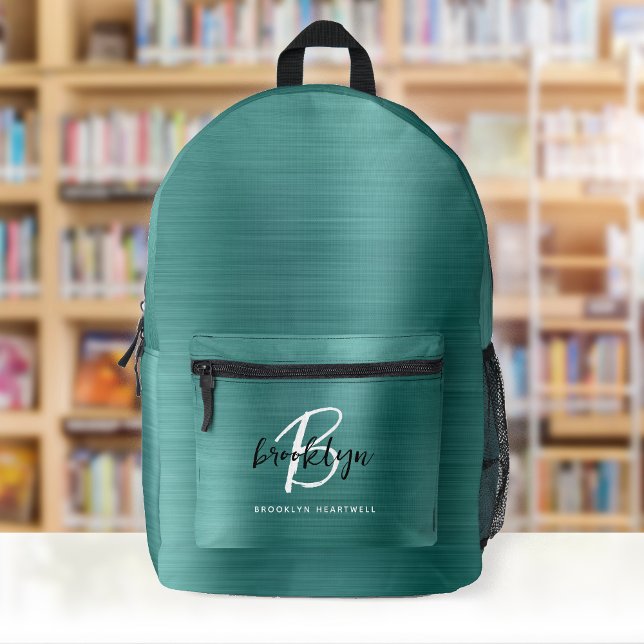 Teal Brushed Metal Black White Monogram Name Printed Backpack (Creator Uploaded)