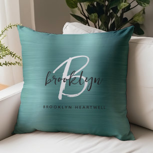 Teal Brushed Metal Black White Monogram Name Throw Pillow