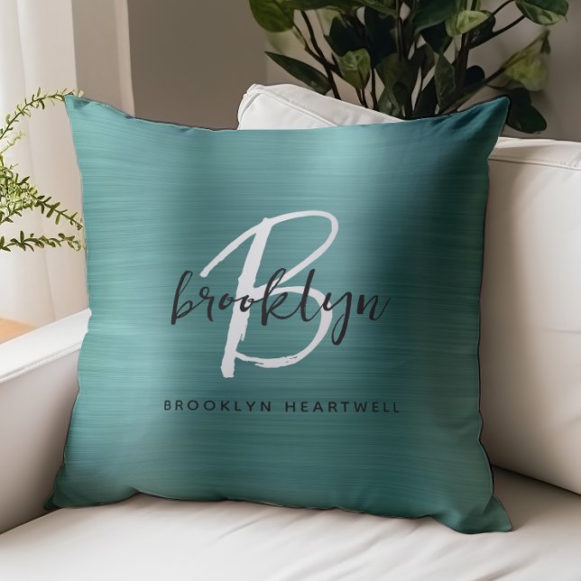 Teal Brushed Metal Black White Monogram Name Throw Pillow (Creator Uploaded)