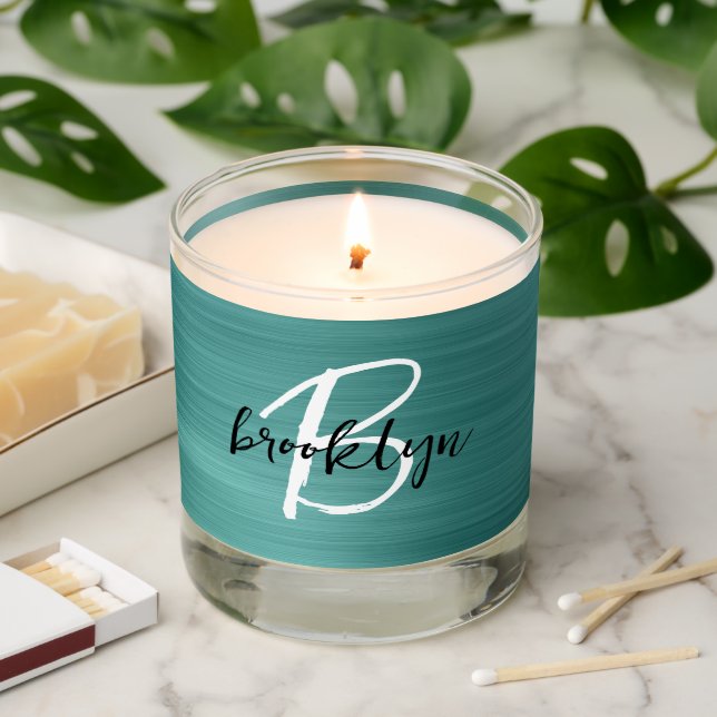 Teal Brushed Metal Black White Monogram Scented Candle (Lit)
