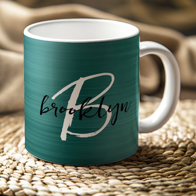 Teal Brushed Metal Black White Script Monogram  Coffee Mug (Creator Uploaded)