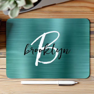 Teal Brushed Metal Black White Script Monogram Mouse Pad