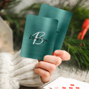 Teal Brushed Metal Black White Script Monogram Poker Cards