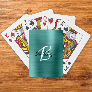 Teal Brushed Metal Black White Script Monogram Poker Cards