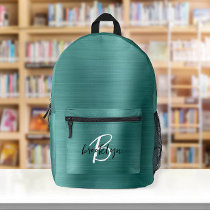 Teal Brushed Metal Black White Script Monogram  Printed Backpack