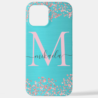 Teal Brushed Metal Rose Gold Glitter Monogram iPhone 12 Pro Max Case